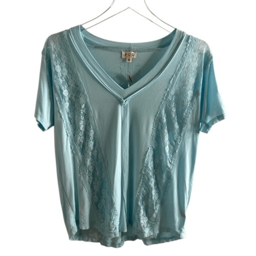 POL Relaxed Fit Inset Lace Outseam Detail Short Sleeves V-Neck T-Shirt Blue‎ NWT